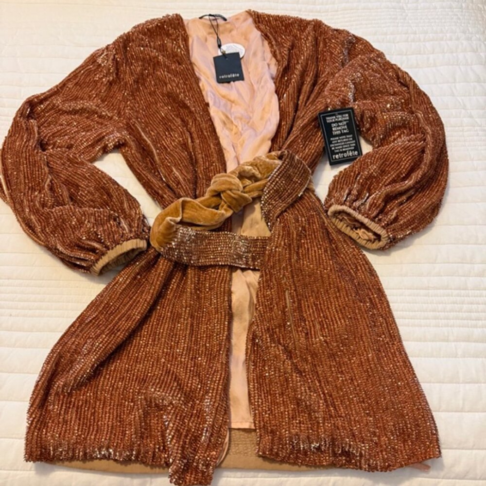 NWT Retrofete Gabrielle Bronze Beaded Sequin Robe Wrap Tie Mini Dress Size M
